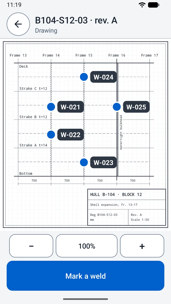 Drawing B104-S12-03 rev. A with markers for five welds