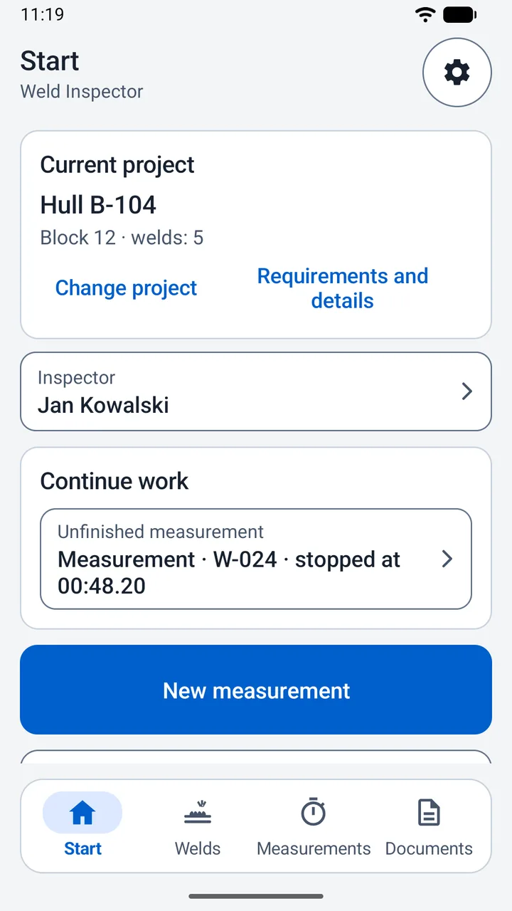 The Start screen with the current project Hull B-104, the inspector and an unfinished measurement