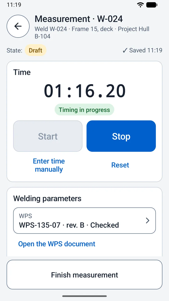 A measurement of weld W-024 with the stopwatch running at 01:16.20