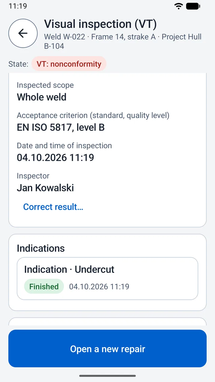 A VT inspection of weld W-022 with a nonconformity: an undercut